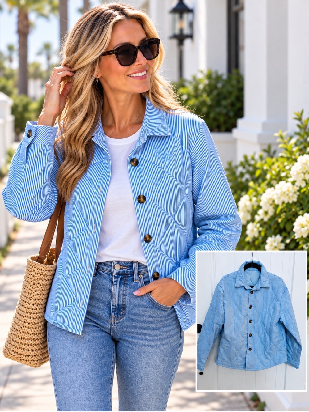 💙 NWOT Blue & White Striped Quilted Jacket | XL